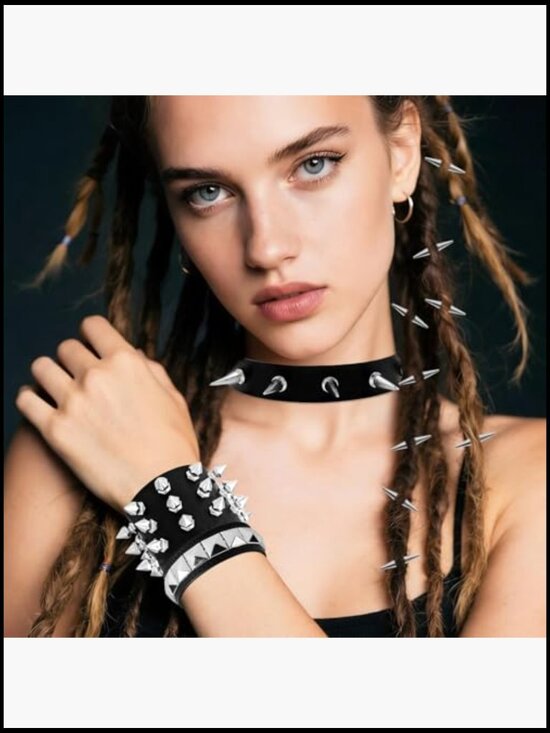 8-Piece Goth Belt Bracelet Choker Set Studded Punk Y2K Black Alternative